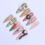 Christmas Press-On Nails with Candy Cane, Wreath & Ornament Designs | Long Almond Fake Nails | Handmade Pastel Holiday Nail Art - Image 5