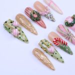 Christmas Press-On Nails with Candy Cane, Wreath & Ornament Designs | Long Almond Fake Nails | Handmade Pastel Holiday Nail Art - Image 2
