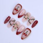 Christmas Press On Nails with Cherries, Snowflakes & Wreath Charms | Fake Nails in Medium Almond | Handmade Holiday Nail Art Gift Set - Image 5