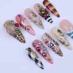 Christmas Press-On Nails with Wreath, Tree, Ornaments & Pattern Mix | Long Almond Fake Nails | Festive Handmade Holiday Nail Art - Image 2