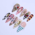 Christmas Press-On Nails with Wreath, Tree, Ornaments & Pattern Mix | Long Almond Fake Nails | Festive Handmade Holiday Nail Art - Image 3