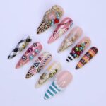 Christmas Press-On Nails with Wreath, Tree, Ornaments & Pattern Mix | Long Almond Fake Nails | Festive Handmade Holiday Nail Art - Image 5