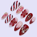 Christmas Press On Nails | Red Candy Cane, Poinsettia & Reindeer Design | Medium Almond | Handmade Holiday Nail Art - Image 5