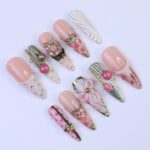 Christmas Press On Nails with Pink Wreath, Bow & Pearl Accents | Long Almond Fake Nails | Handmade Holiday Nail Art for Gifts or Parties - Image 4