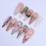 Christmas Press On Nails with Pink Wreath, Bow & Pearl Accents | Long Almond Fake Nails | Handmade Holiday Nail Art for Gifts or Parties - Image 3