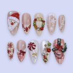Festive Medium Almond Press-On Nails: Santa Claus, Wreath, Snowflakes & Candy Designs – Perfect for Christmas Day Gifts