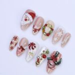 Festive Medium Almond Press-On Nails: Santa Claus, Wreath, Snowflakes & Candy Designs – Perfect for Christmas Day Gifts - Image 4