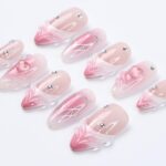 Pink Valentine Press On Nails | 3D Sculpted Heart & Chrome Line Art | Nude Ombre Fake Nails in Medium Almond | Reusable Handmade Nail Set - Image 2