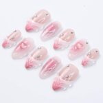 Pink Valentine Press On Nails | 3D Sculpted Heart & Chrome Line Art | Nude Ombre Fake Nails in Medium Almond | Reusable Handmade Nail Set - Image 3