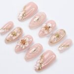 Nude Press On Nails | Gold Floral & Celestial Nails, 3D Flower Almond Fake Nails | Handmade Reusable Luxury Nail Set - Image 5