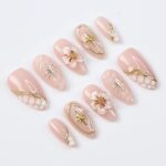 Nude Press On Nails | Gold Floral & Celestial Nails, 3D Flower Almond Fake Nails | Handmade Reusable Luxury Nail Set - Image 4