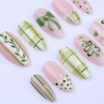 Christmas Press-On Nails with Green Plaid, Bow, Tree Designs | Medium Almond Fake Nail | Handmade Holiday Nail Art for Everyday Wear or Gift - Image 2