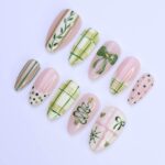 Christmas Press-On Nails with Green Plaid, Bow, Tree Designs | Medium Almond Fake Nail | Handmade Holiday Nail Art for Everyday Wear or Gift - Image 5