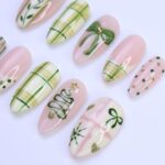 Christmas Press-On Nails with Green Plaid, Bow, Tree Designs | Medium Almond Fake Nail | Handmade Holiday Nail Art for Everyday Wear or Gift - Image 3