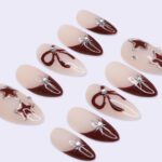Minimal Red Press On Nails | Nude Base with Bow & Star Design | Almond Fake Nails | Handmade Nail Art for Everyday Wear or Gift - Image 2
