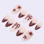 Minimal Red Press On Nails | Nude Base with Bow & Star Design | Almond Fake Nails | Handmade Nail Art for Everyday Wear or Gift - Image 5
