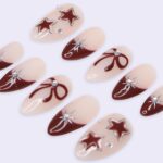 Minimal Red Press On Nails | Nude Base with Bow & Star Design | Almond Fake Nails | Handmade Nail Art for Everyday Wear or Gift - Image 3