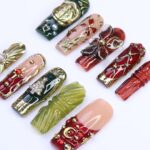 Christmas Press-On Nails with 3D Flowers, Christmas Tree & Celestial | Long Square Fake Nails | Handmade Luxury Holiday Nail Art - Image 3