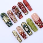 Christmas Press-On Nails with 3D Flowers, Christmas Tree & Celestial | Long Square Fake Nails | Handmade Luxury Holiday Nail Art - Image 4