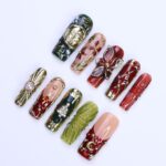 Christmas Press-On Nails with 3D Flowers, Christmas Tree & Celestial | Long Square Fake Nails | Handmade Luxury Holiday Nail Art - Image 5