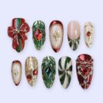 Christmas Press-On Nails with Red Bow, Emerald Gem & Gold Star Designs | Medium Almond Fake Nails | Handmade Luxury Holiday Nail Art