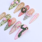Christmas Press-On Nails with Candy Cane, Wreath & Ornament Designs | Long Almond Fake Nails | Handmade Pastel Holiday Nail Art - Image 3