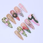 Christmas Press-On Nails with Candy Cane, Wreath & Ornament Designs | Long Almond Fake Nails | Handmade Pastel Holiday Nail Art - Image 4
