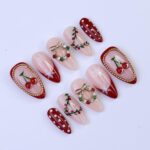 Christmas Press On Nails with Cherries, Snowflakes & Wreath Charms | Fake Nails in Medium Almond | Handmade Holiday Nail Art Gift Set - Image 4