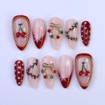 Christmas Press On Nails with Cherries, Snowflakes & Wreath Charms | Fake Nails in Medium Almond | Handmade Holiday Nail Art Gift Set