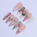 Christmas Press On Nails with Pink Wreath, Bow & Pearl Accents | Long Almond Fake Nails | Handmade Holiday Nail Art for Gifts or Parties - Image 5