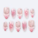 Pink Valentine Press On Nails | 3D Sculpted Heart & Chrome Line Art | Nude Ombre Fake Nails in Medium Almond | Reusable Handmade Nail Set