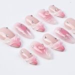 Pink Valentine Press On Nails | 3D Sculpted Heart & Chrome Line Art | Nude Ombre Fake Nails in Medium Almond | Reusable Handmade Nail Set - Image 4