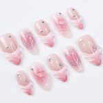 Pink Valentine Press On Nails | 3D Sculpted Heart & Chrome Line Art | Nude Ombre Fake Nails in Medium Almond | Reusable Handmade Nail Set - Image 5