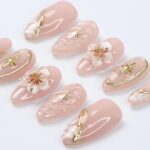 Nude Press On Nails | Gold Floral & Celestial Nails, 3D Flower Almond Fake Nails | Handmade Reusable Luxury Nail Set - Image 3