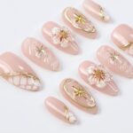 Nude Press On Nails | Gold Floral & Celestial Nails, 3D Flower Almond Fake Nails | Handmade Reusable Luxury Nail Set - Image 2