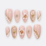 Nude Press On Nails | Gold Floral & Celestial Nails, 3D Flower Almond Fake Nails | Handmade Reusable Luxury Nail Set