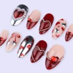 Luxury Valentine Press On Nails | Red Heart With Pearl And Silver Chrome Design | Almond Fake Nails | Handmade Nail Art for Date or Gift - Image 3