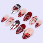 Luxury Valentine Press On Nails | Red Heart With Pearl And Silver Chrome Design | Almond Fake Nails | Handmade Nail Art for Date or Gift - Image 5