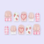 Pink Valentine Press On Nails | Strawberry & Heart Design with Pearl Details | Short Square Fake Nails | Handmade Nail Art for Date or Gift
