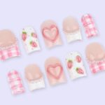 Pink Valentine Press On Nails | Strawberry & Heart Design with Pearl Details | Short Square Fake Nails | Handmade Nail Art for Date or Gift - Image 2