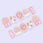 Pink Valentine Press On Nails | Strawberry & Heart Design with Pearl Details | Short Square Fake Nails | Handmade Nail Art for Date or Gift - Image 4