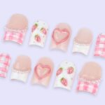 Pink Valentine Press On Nails | Strawberry & Heart Design with Pearl Details | Short Square Fake Nails | Handmade Nail Art for Date or Gift - Image 3