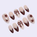 Minimal Red Press On Nails | Nude Base with Bow & Star Design | Almond Fake Nails | Handmade Nail Art for Everyday Wear or Gift - Image 4