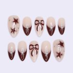 Minimal Red Press On Nails | Nude Base with Bow & Star Design | Almond Fake Nails | Handmade Nail Art for Everyday Wear or Gift