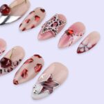 Y2K Valentine Press On Nails | Cherry Heart Leopard & Star Design | Almond Fake Nails | Handmade Nail Art for Date or Gift - Image 2