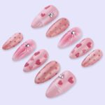 Pink Valentine Press On Nails | Heart & Bow Design with Polka Dots | Almond Fake Nails | Handmade Nail Art for Date or Gift - Image 3
