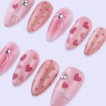 Pink Valentine Press On Nails | Heart & Bow Design with Polka Dots | Almond Fake Nails | Handmade Nail Art for Date or Gift - Image 2
