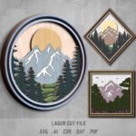 Nature SVG Bundle. Laser cut file for Glowforge. Camping, forest, mountains, sun, layered frame, round sign