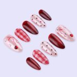 Valentine Cat Eye Press On Nails With Red Heart & Plaid Design | Almond Fake Nails | Handmade Nail Art for Date Night or Gift For Her - Image 4
