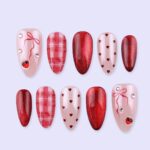 Valentine Cat Eye Press On Nails With Red Heart & Plaid Design | Almond Fake Nails | Handmade Nail Art for Date Night or Gift For Her